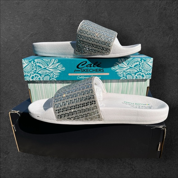 Skechers Vegan Cali Pop Ups New Spark White and Silver Slide Luxe Foam Sandals - Picture 13 of 17